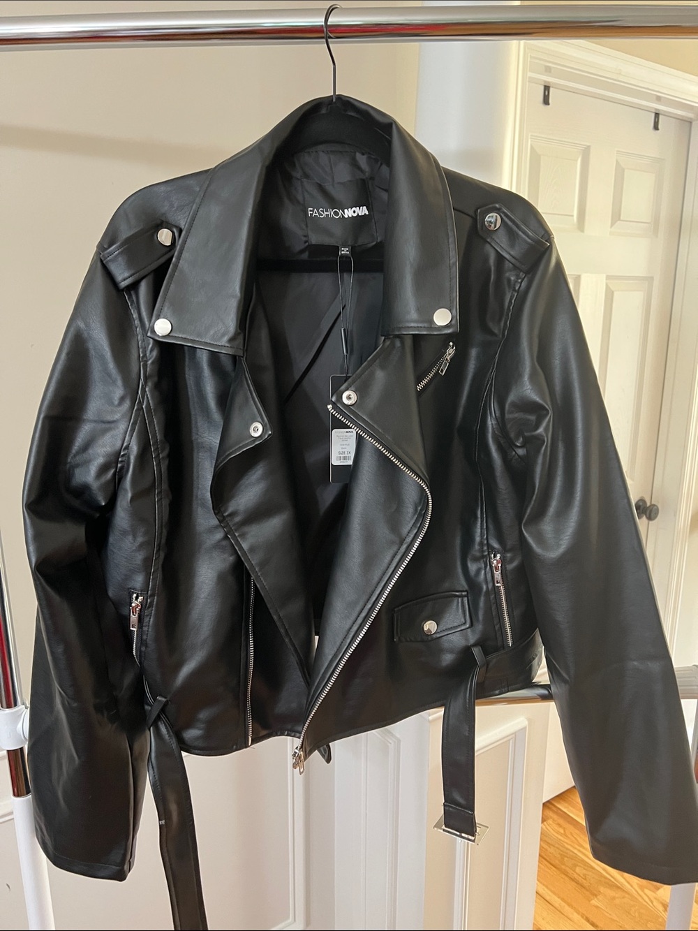 Fashion Nova Black Faux Leather Biker Jacket with Belt